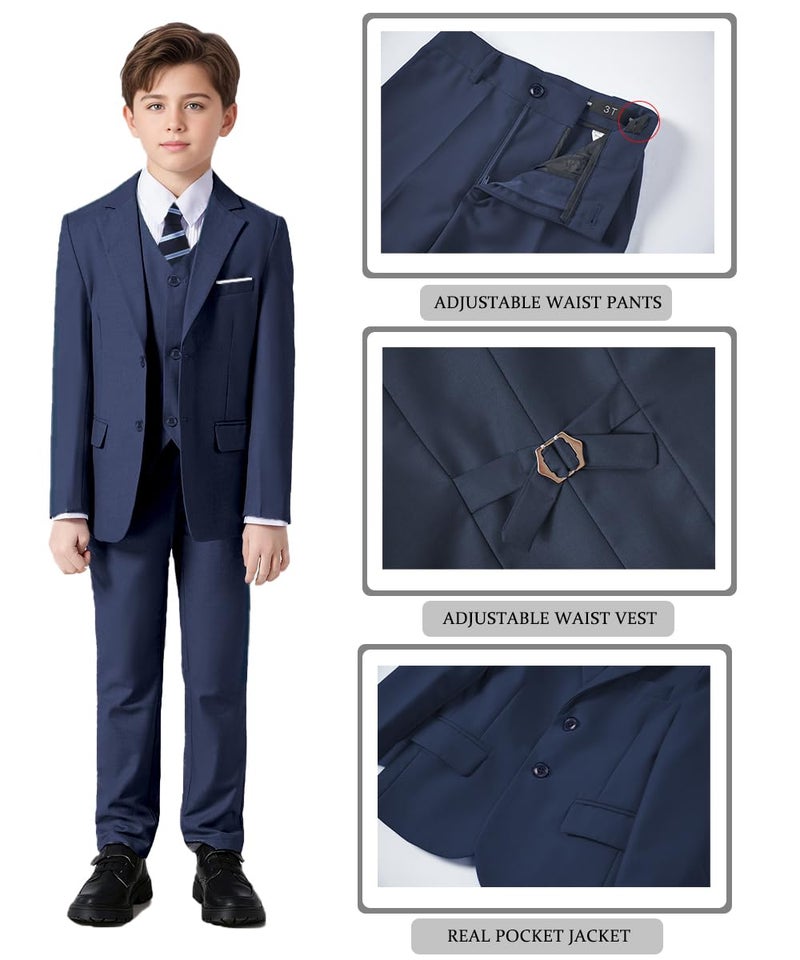 Addneo Suit for Boys Navy Blue Graduation Suits for Kids Tuxedo with White Dress Shirt and Tie Size 10 - Image 2